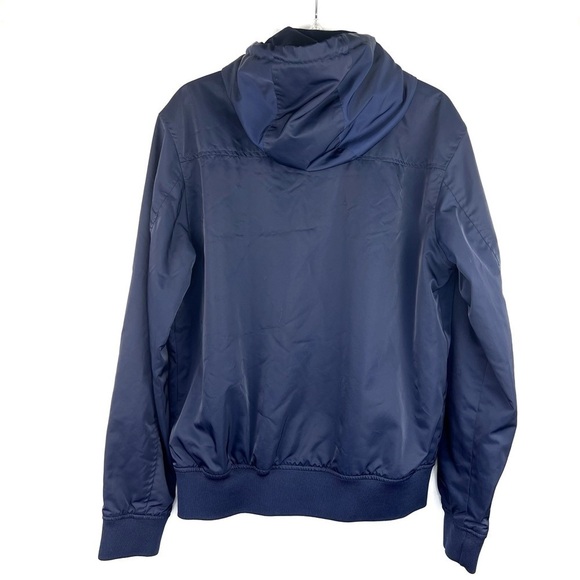 EUC- Zara Man Hooded Varsity Stripe Inside Navy Blue Bomber Jacket Size Large - Picture 2 of 16